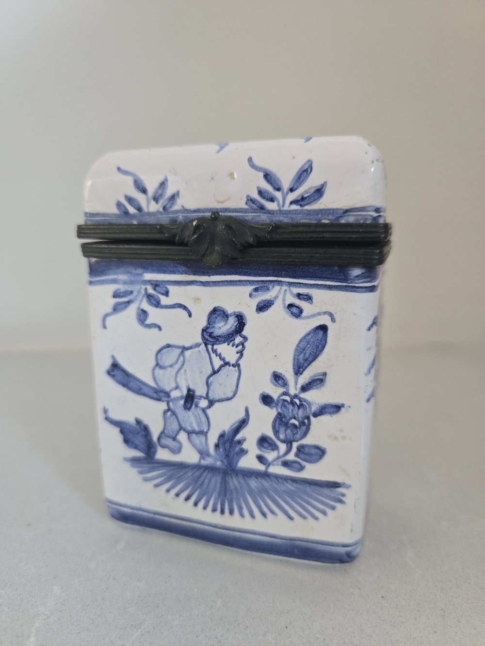 Vintage French Faience Delft Blue White Tea Caddy Lidded Hinged Trinket Box